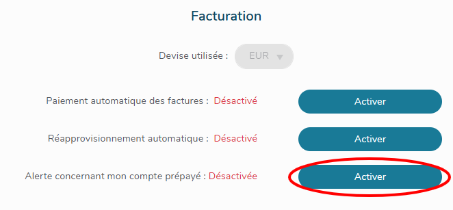 Activer l'alerte du solde de compte prépayé